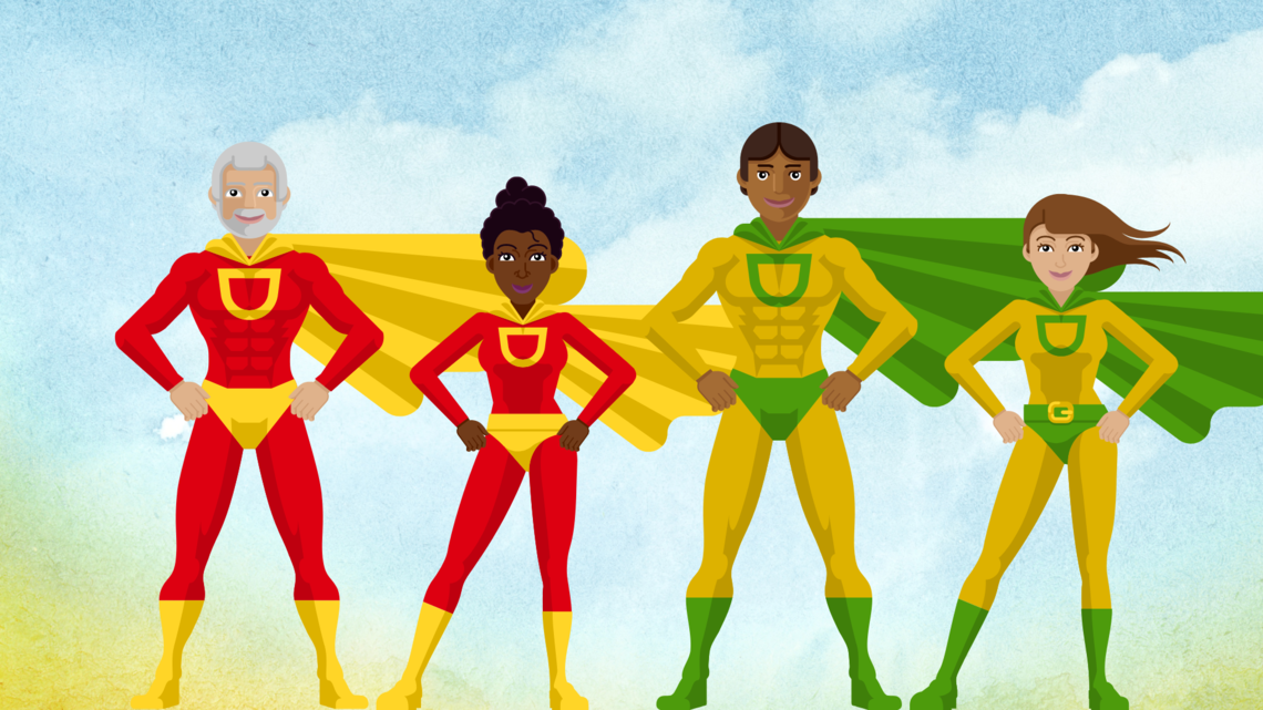 picture of blue sky and 4 superheroes.