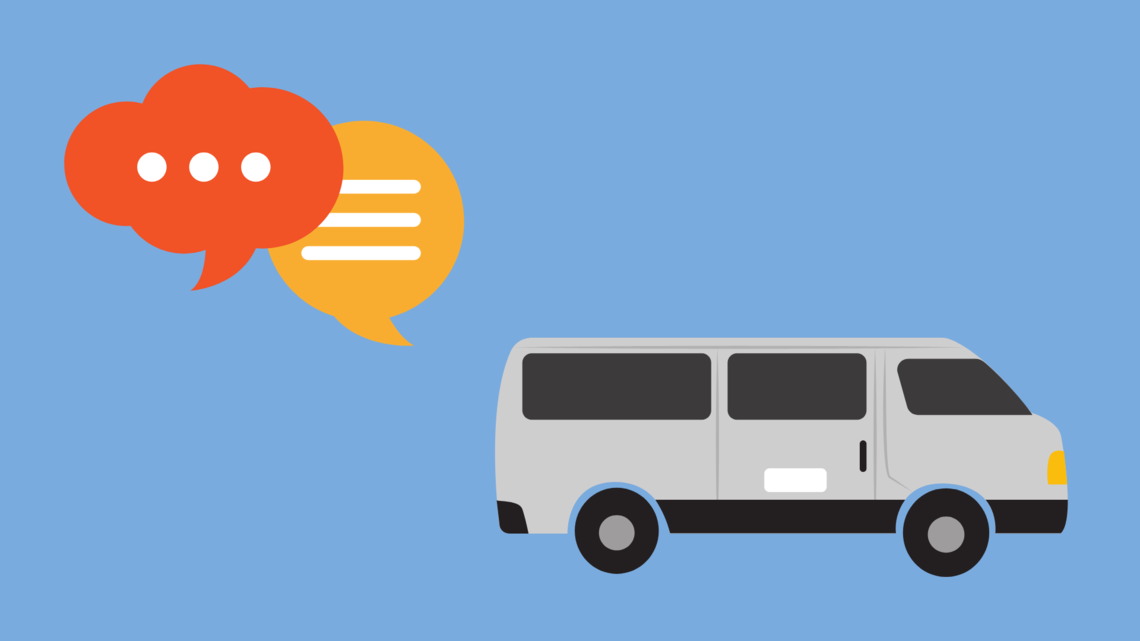 A graphic showing a conversation and a minibus, on a blue background.