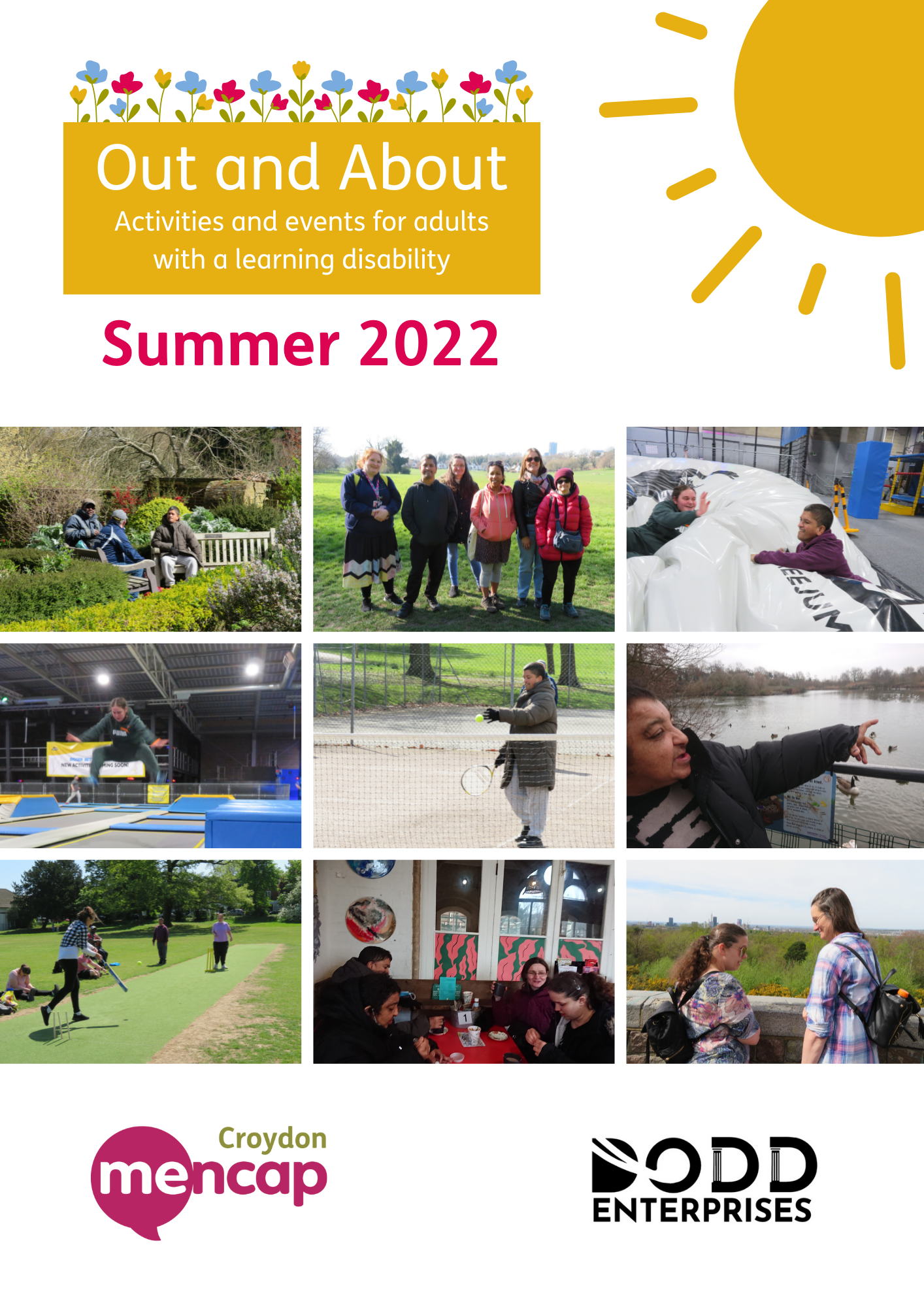 Front of the Out and About summer brochure, with 9 photos of activities, an Out and About logo and Croydon Mencap logo.